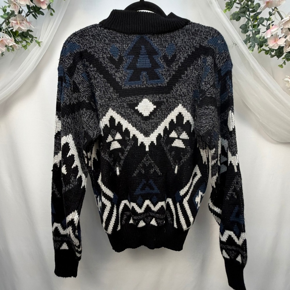 Vintage Barnaby Mens Medium Southwestern Geometric Knit Sweater Black Blue Grey